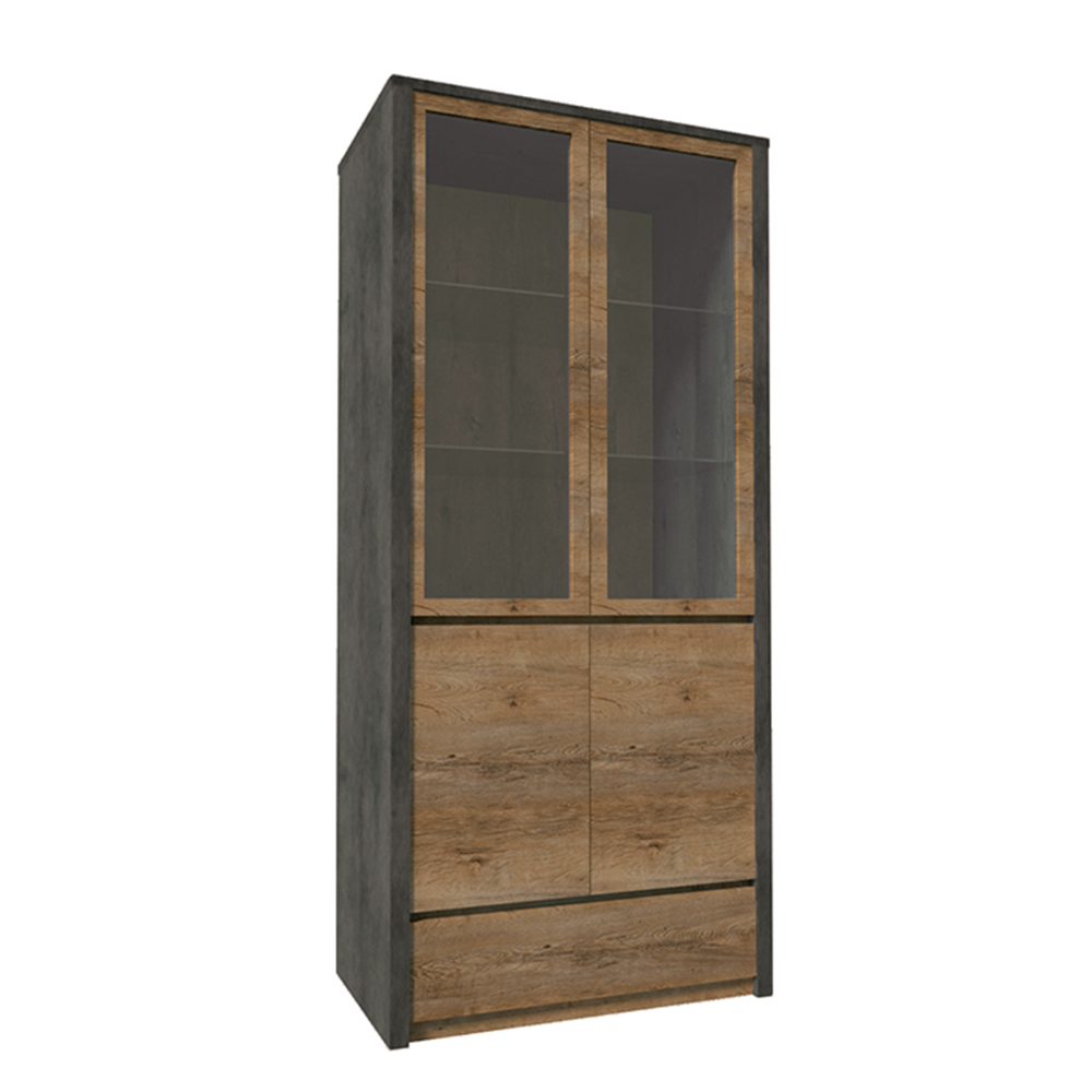 KONDELA Vitrines szekrény, tölgy lefkas sötét/smooth szürke, MONTANA W2D https://obrazky.kondela.sk/Files/667677000/667677417/montana-vitrina-hlavna.png